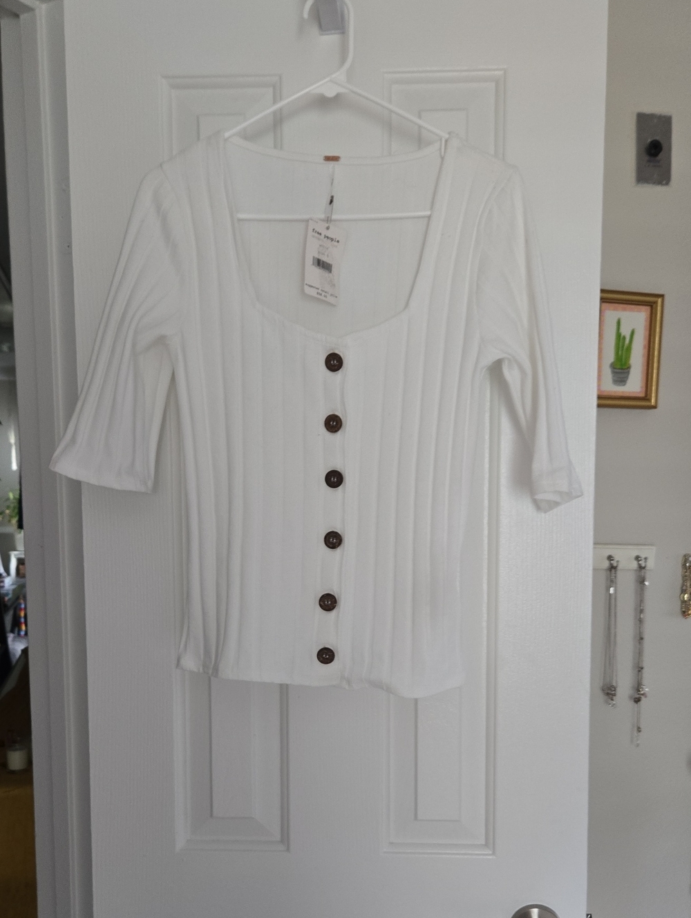 Free People NWT Central Park White Ribbed Button-Front Top with Brown Buttons
